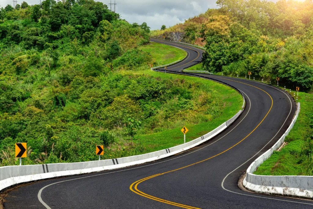 imagem de uma estrada sinuosa com arvores nas margens.
