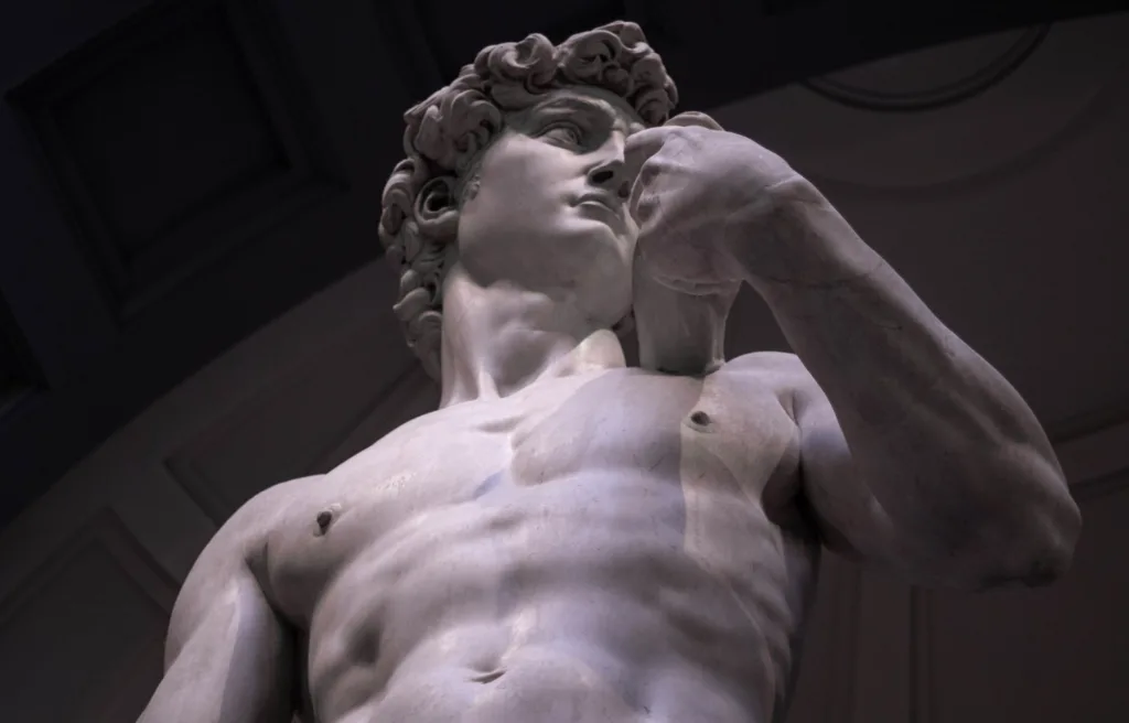 close do tronco e cabeça da estatua de Davi, de Michelangelo.