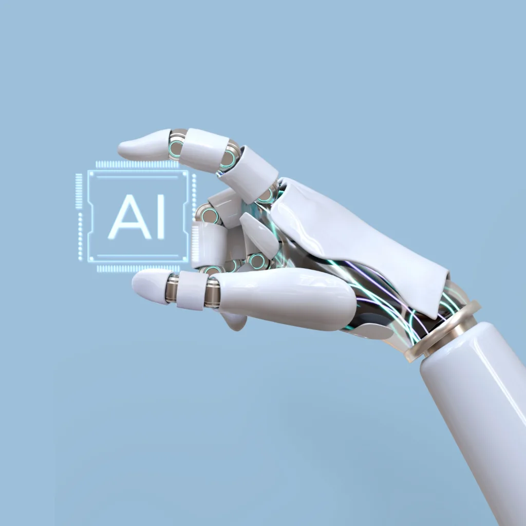 imagem gerada por I.A mostrando uma mao robotica segurando uma placa transparente com as palavras AI.