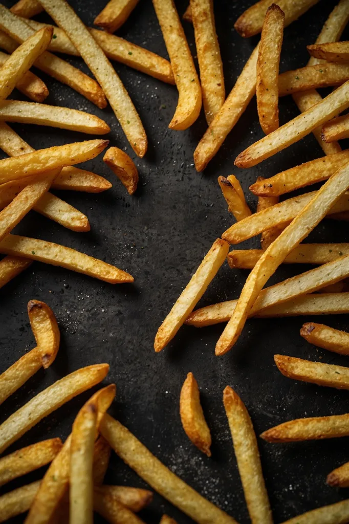 imagem de batatas fritas em um fundo preto.