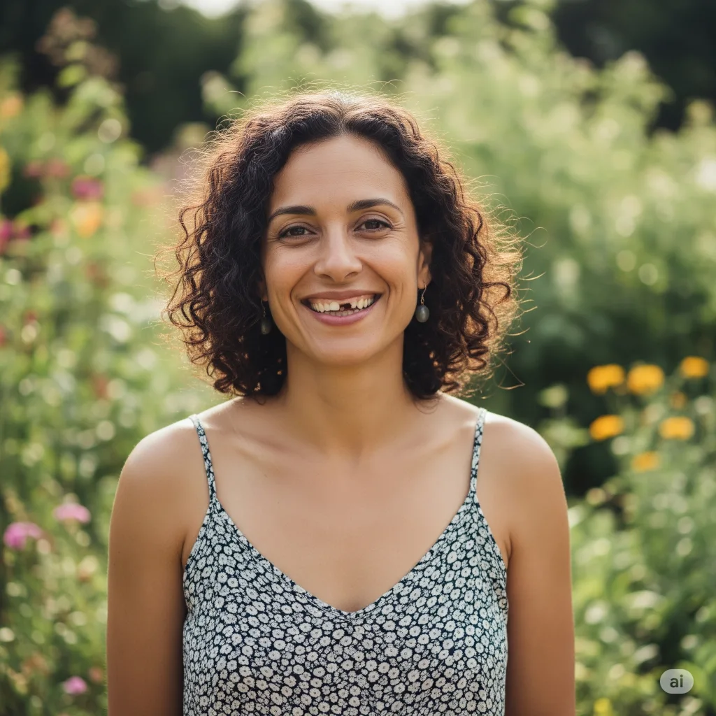 uma mulher de blusa floral, faltando um dente da frente.