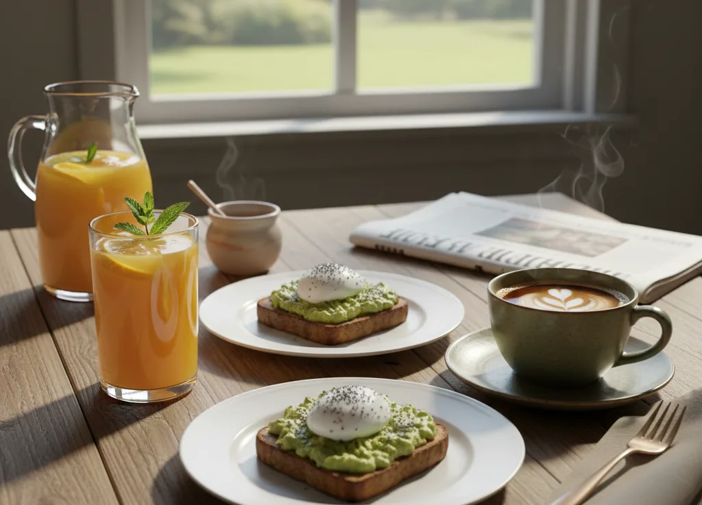 mesa de café da manha com café e suco de laranja.