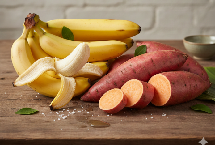 imagem de bananas e batata doce numa mesa de madeira.