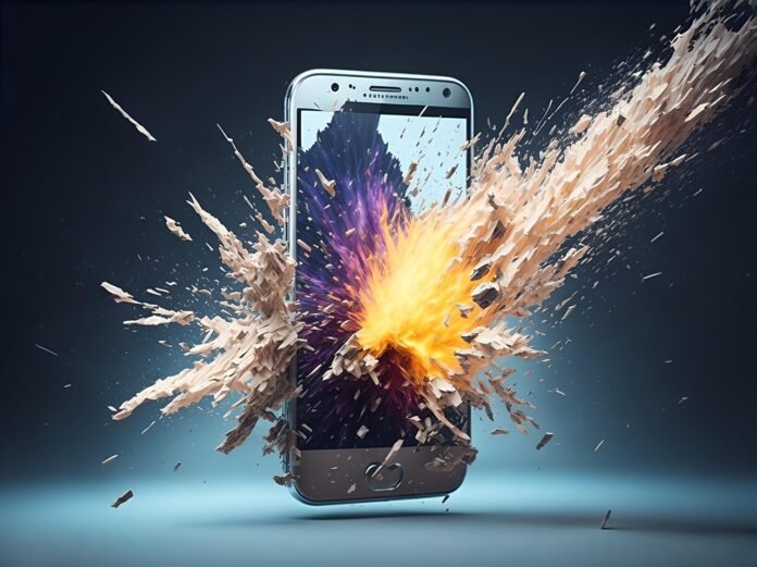 arte colorida de um celular explodindo.