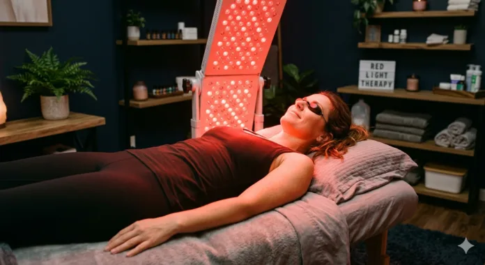 imagem de uma jovem deitada numa cama de terapia com luz vermelha.