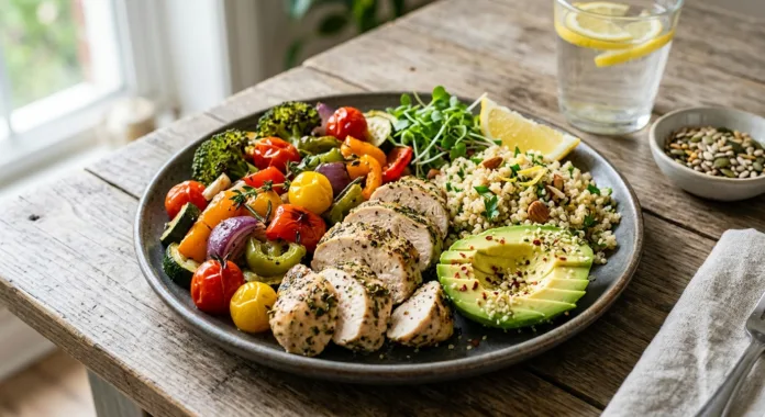 refeição saudável com proteína, fibras, vegetais e gorduras .